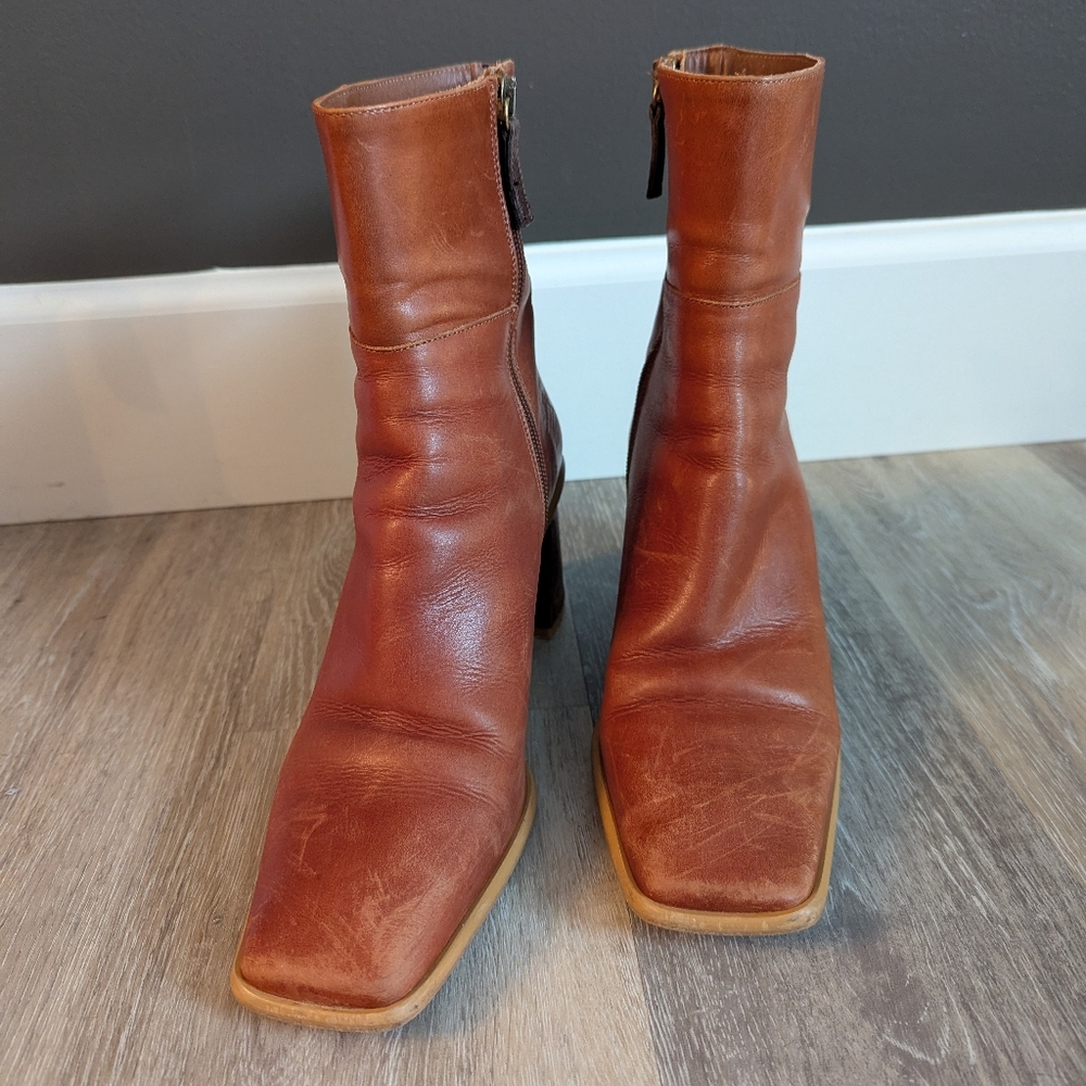 ALOHAS West Size 40 (Size 9.5) Vintage Camel Tan Leather Square Toe Bootie Boots